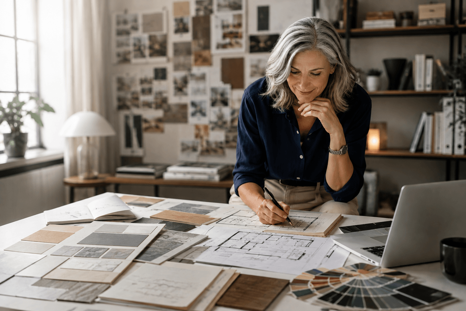 Femme architecte d'intérieur travaillant sur des plans