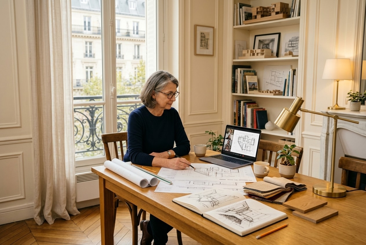 Formation en architecture d’intérieur à distance : apprenante suivant un cours en live depuis chez elle avec plans et échantillons