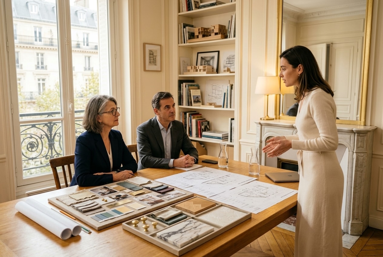 Candidate présentant son projet d’architecture d’intérieur devant un jury pour le titre RNCP Designer en architecture d’intérieur